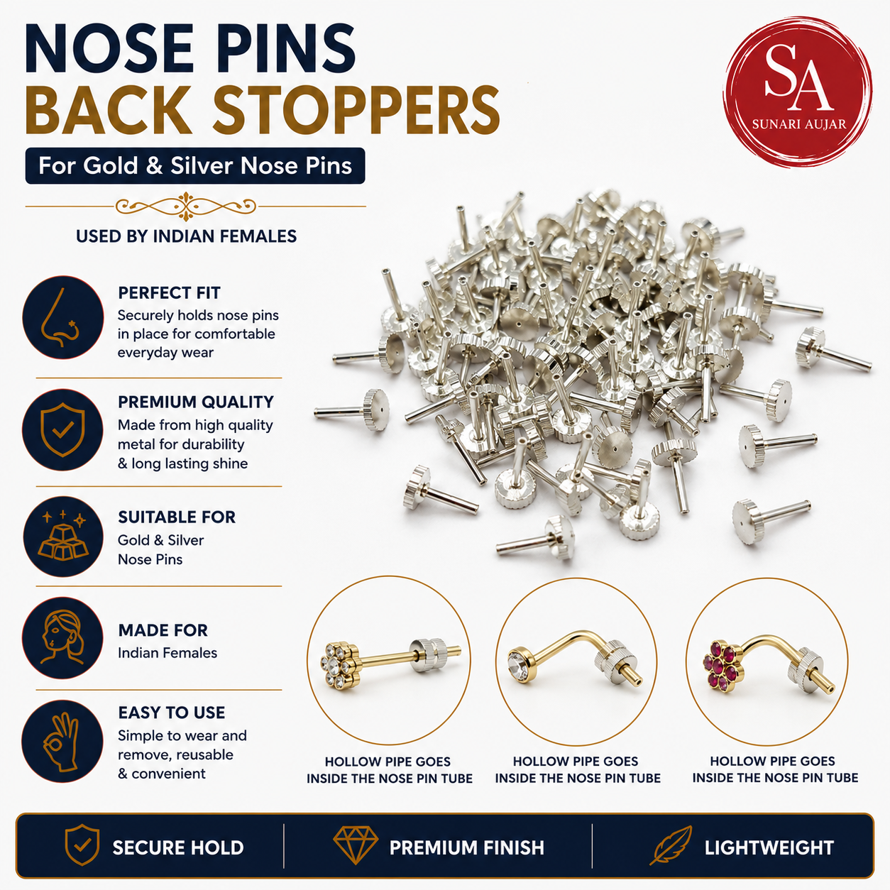 Nose Pins Back Stoppers, gilat long dat for gold and silver nosepins