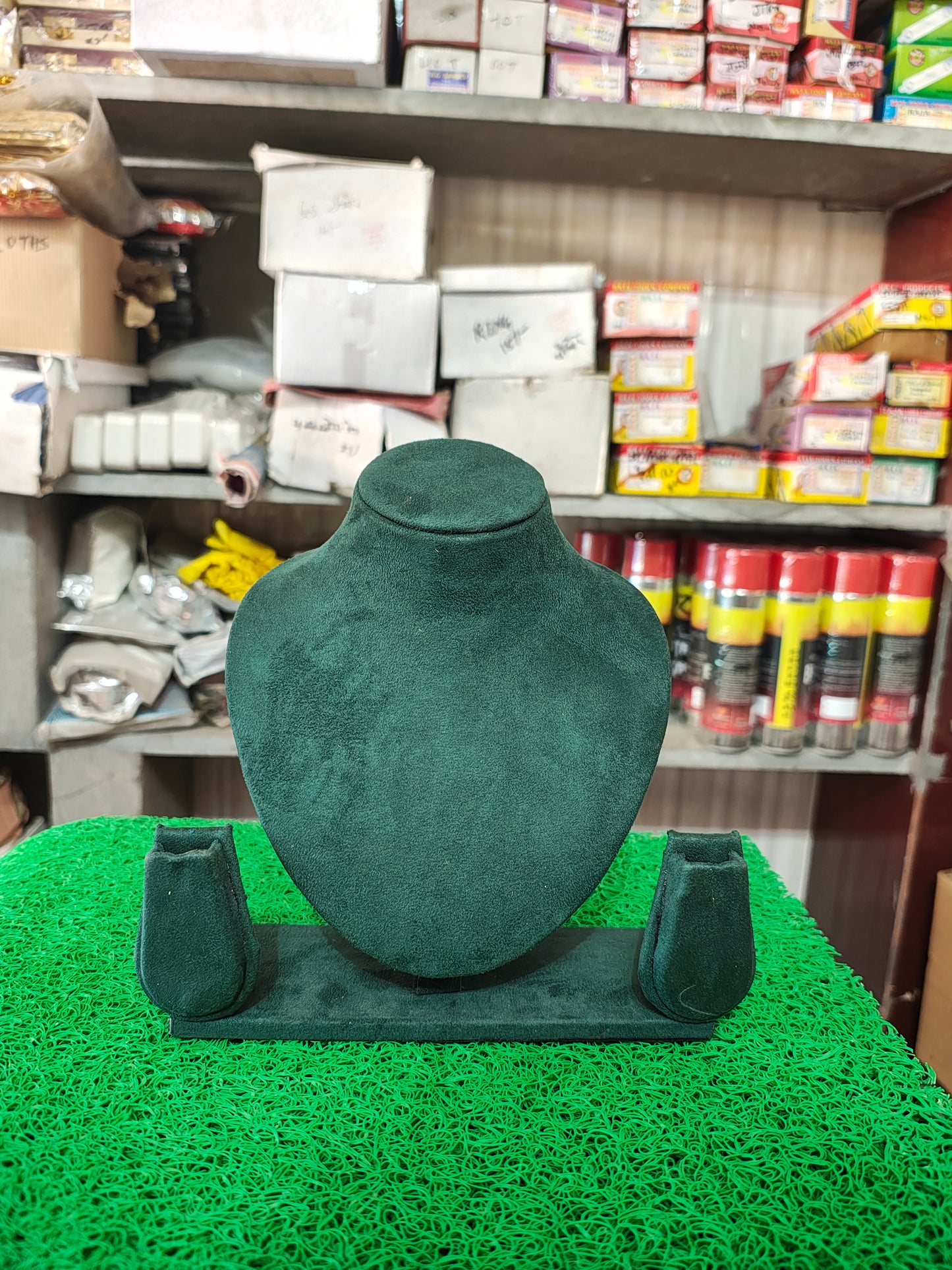 Necklace stand with earrings Green sued fabric size 8"