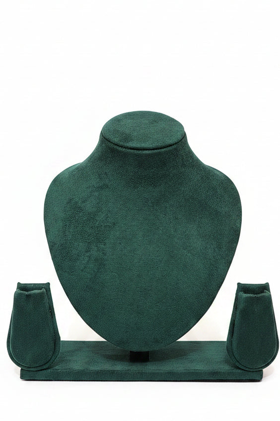 Necklace stand with earrings Green sued fabric size 8"