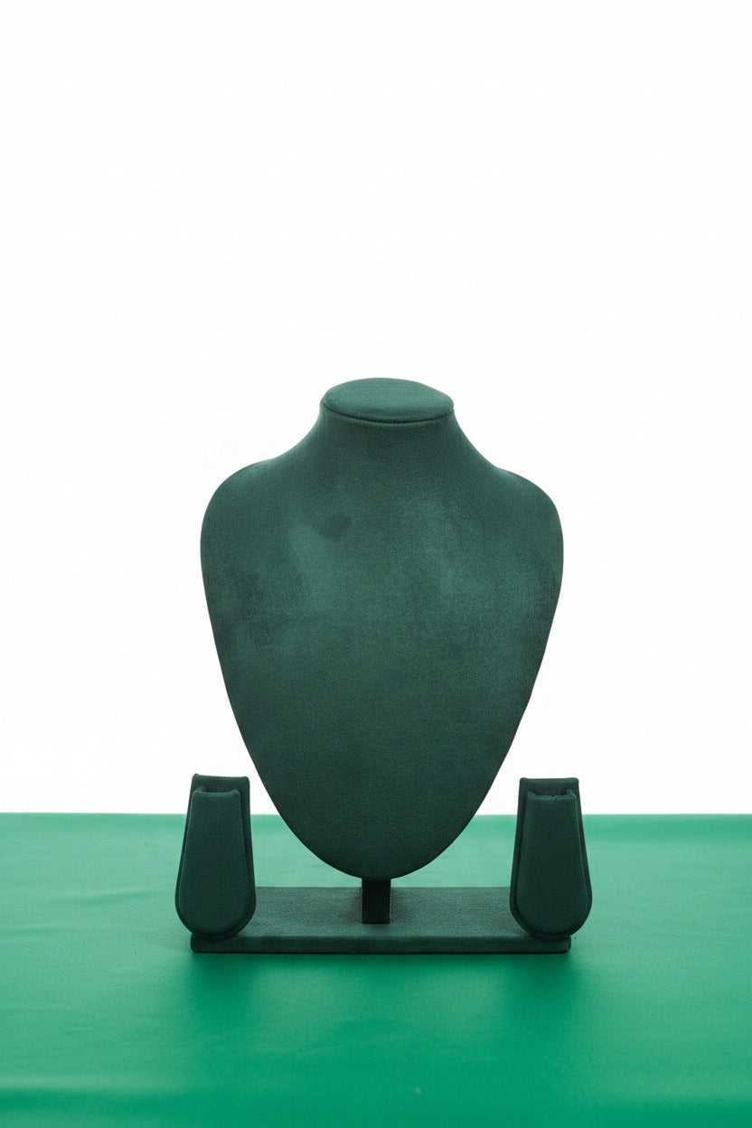 Necklace stand with earrings Green sued fabric size 12"