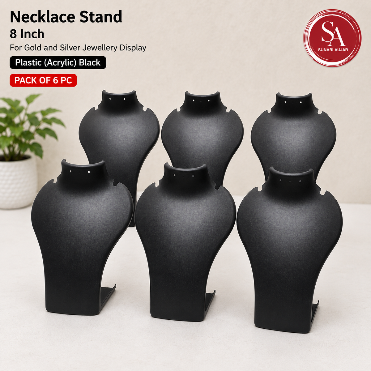 Necklace Stand 8 inch for gold and silver jewellery display Plastic(Acrylic) Black pack of 6pc