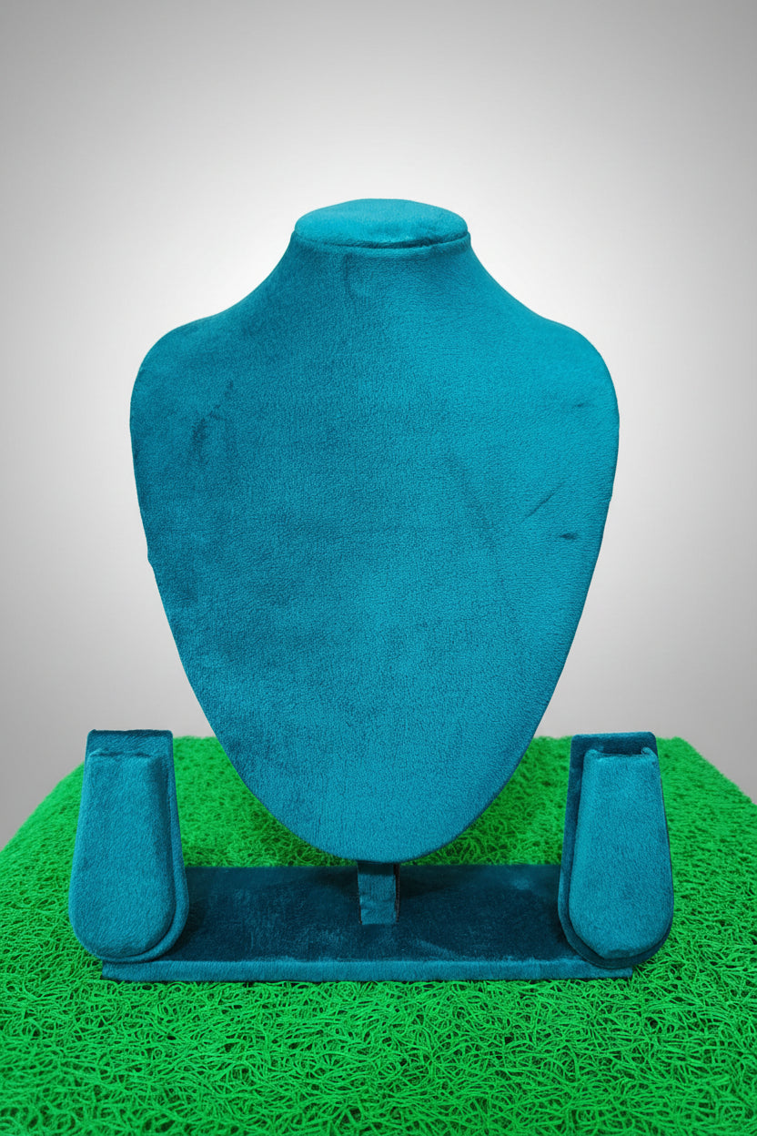 Necklace stand with earrings Blue sued fabric size 12"