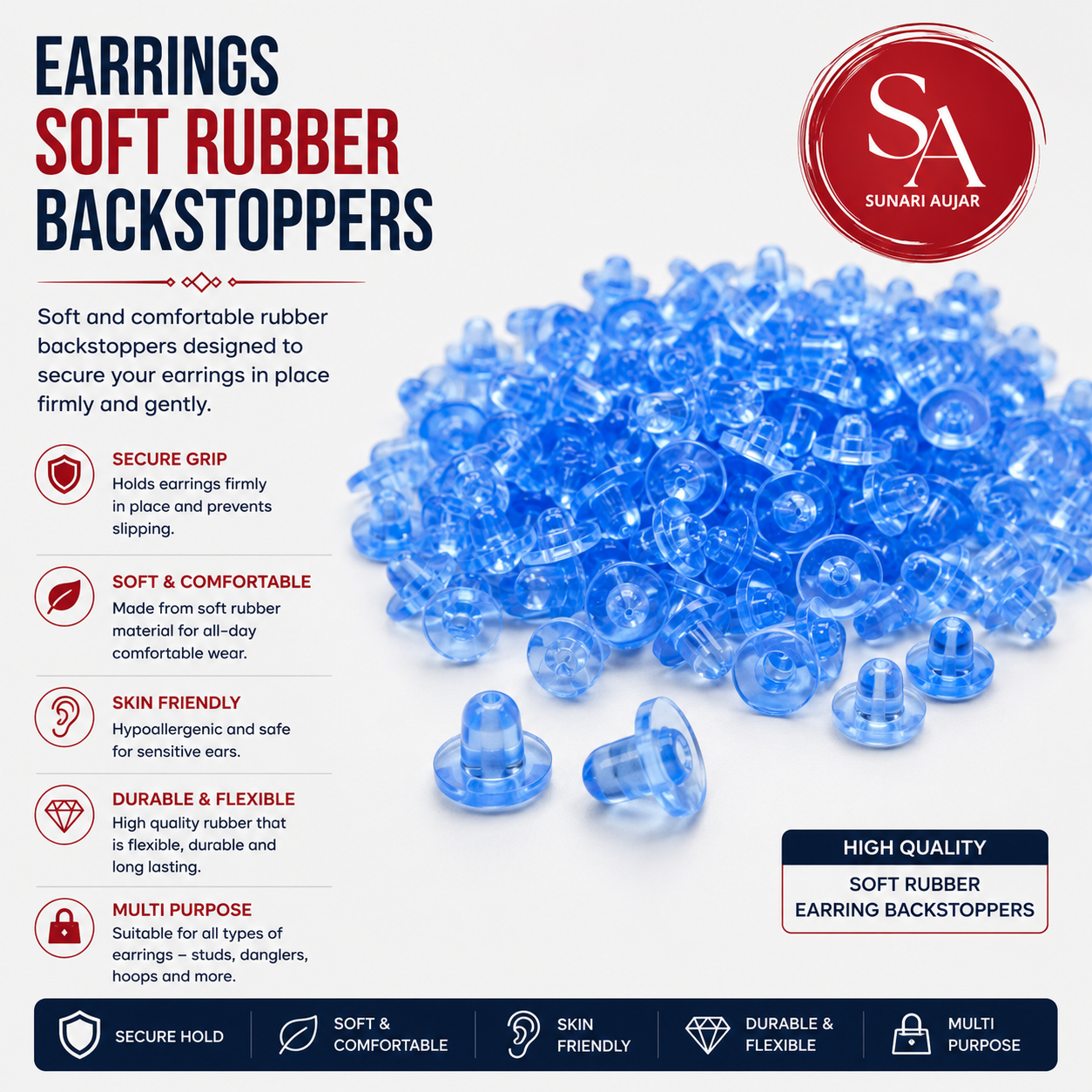 Soft Rubber Earring Backstoppers Silicone Ear Lock Backs for Stud Earrings (Blue)