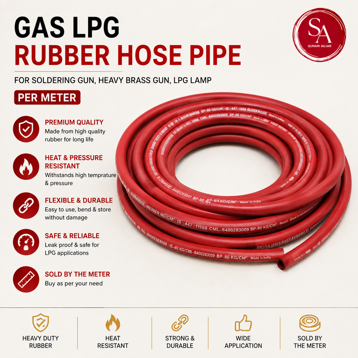 Gas LPG rubber hose pipe for soldering gun, heavy brass gun, lpg lamp per meter