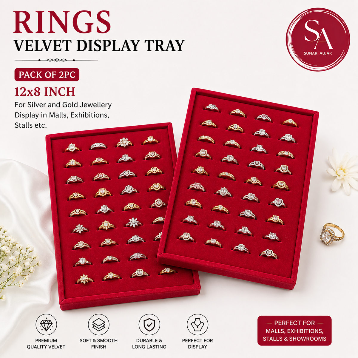 Rings Velvet Display tray Pack of 2pc size 12x8 inch For silver and gold jewellery display in malls, exibitions, stalls etc