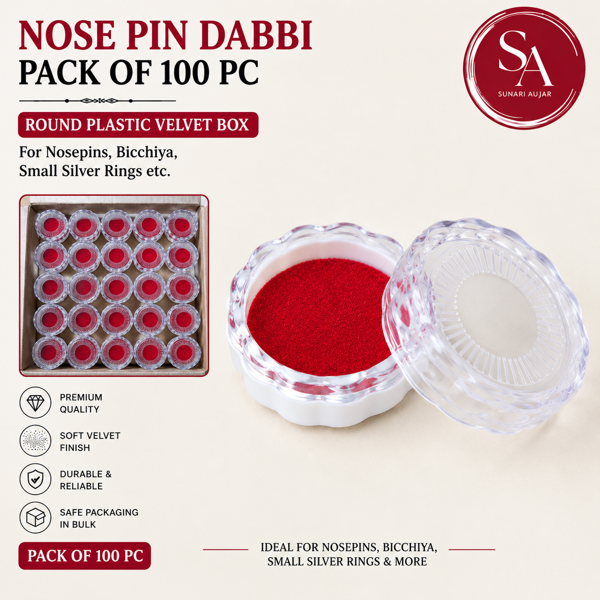 Plain universal small Plastic velvet box K-0 Pack of 100pc for nosepins, bicchiya, small silver rings etc