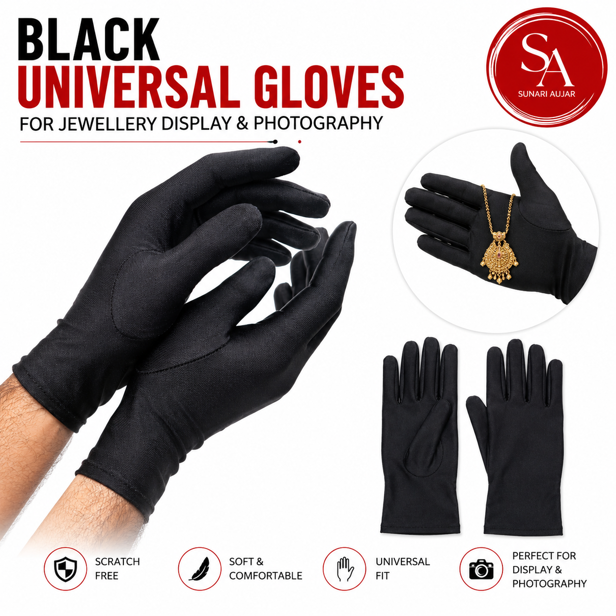 Black Sunari Aujar gloves for jewellery display and product photography
