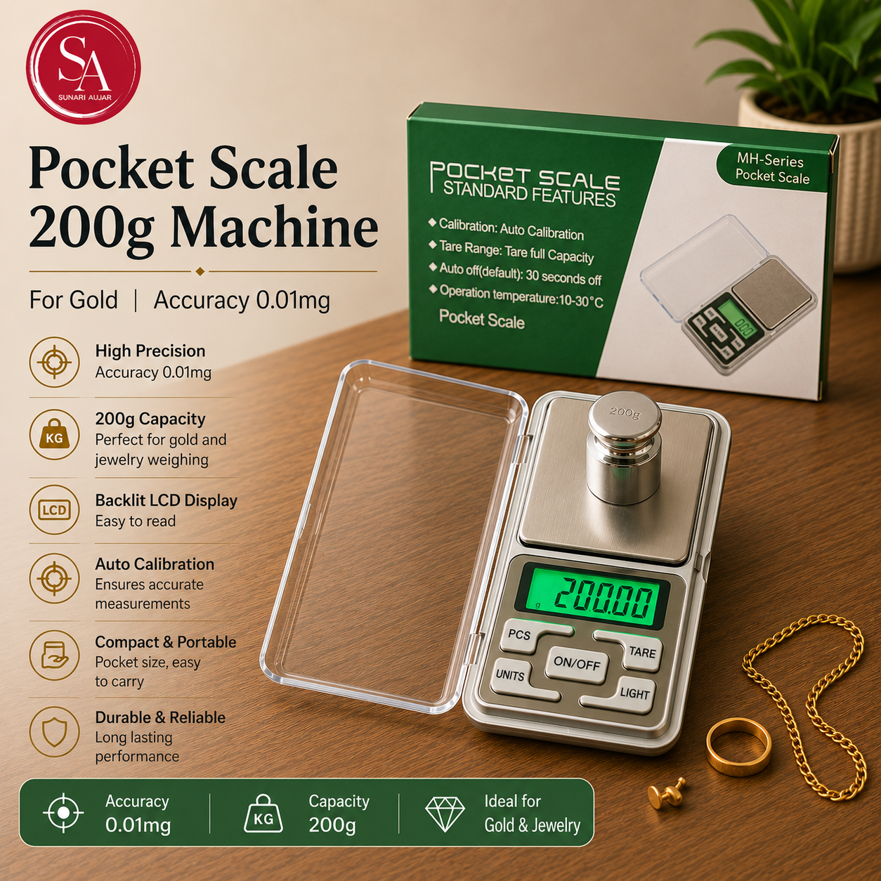 Pocket Scale 200gm MH - Series jewellery weight machine for gold accuracy 0.01mg