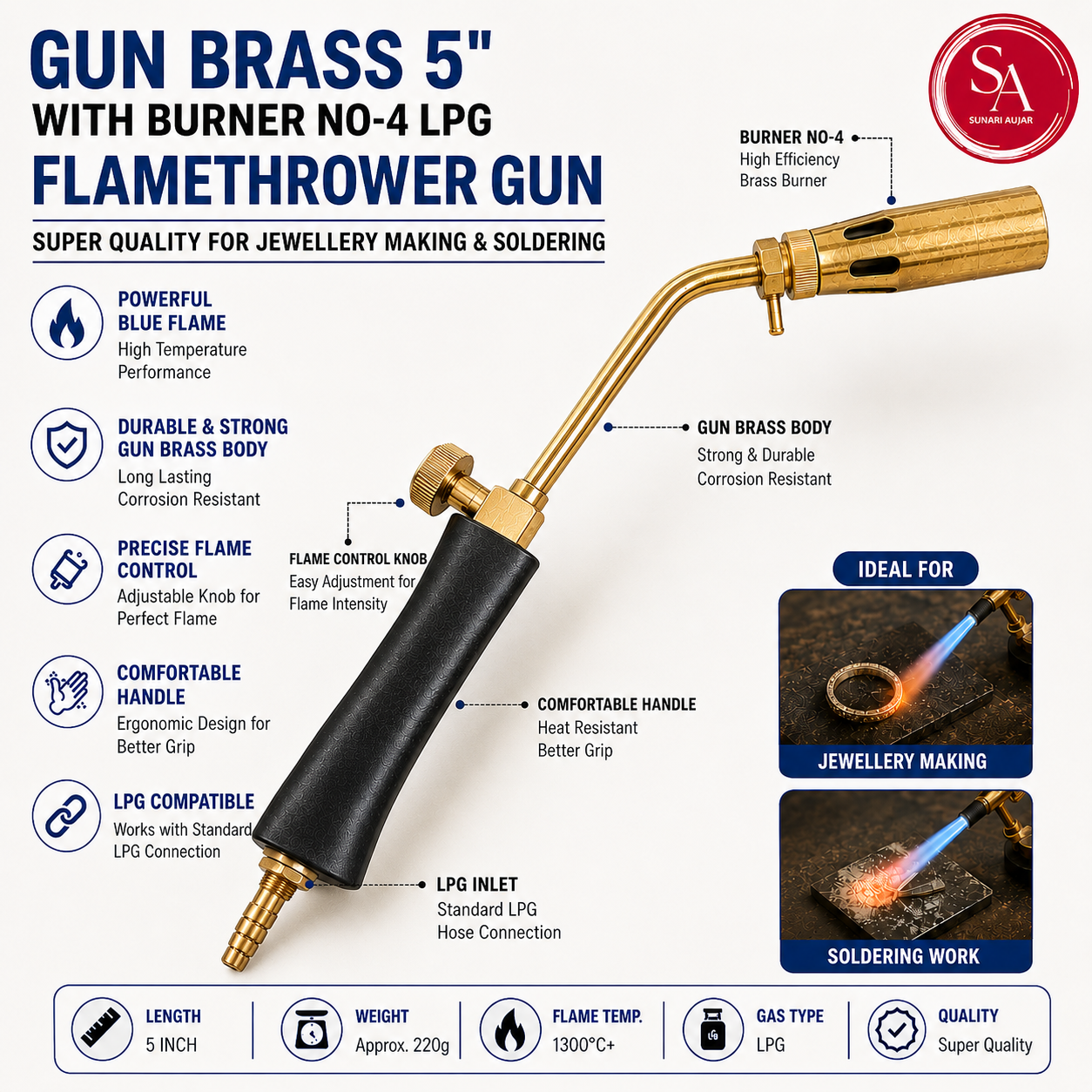 Gun Brass 5" With Burner No-4 LPG Flamethrower Gun Super Quality
