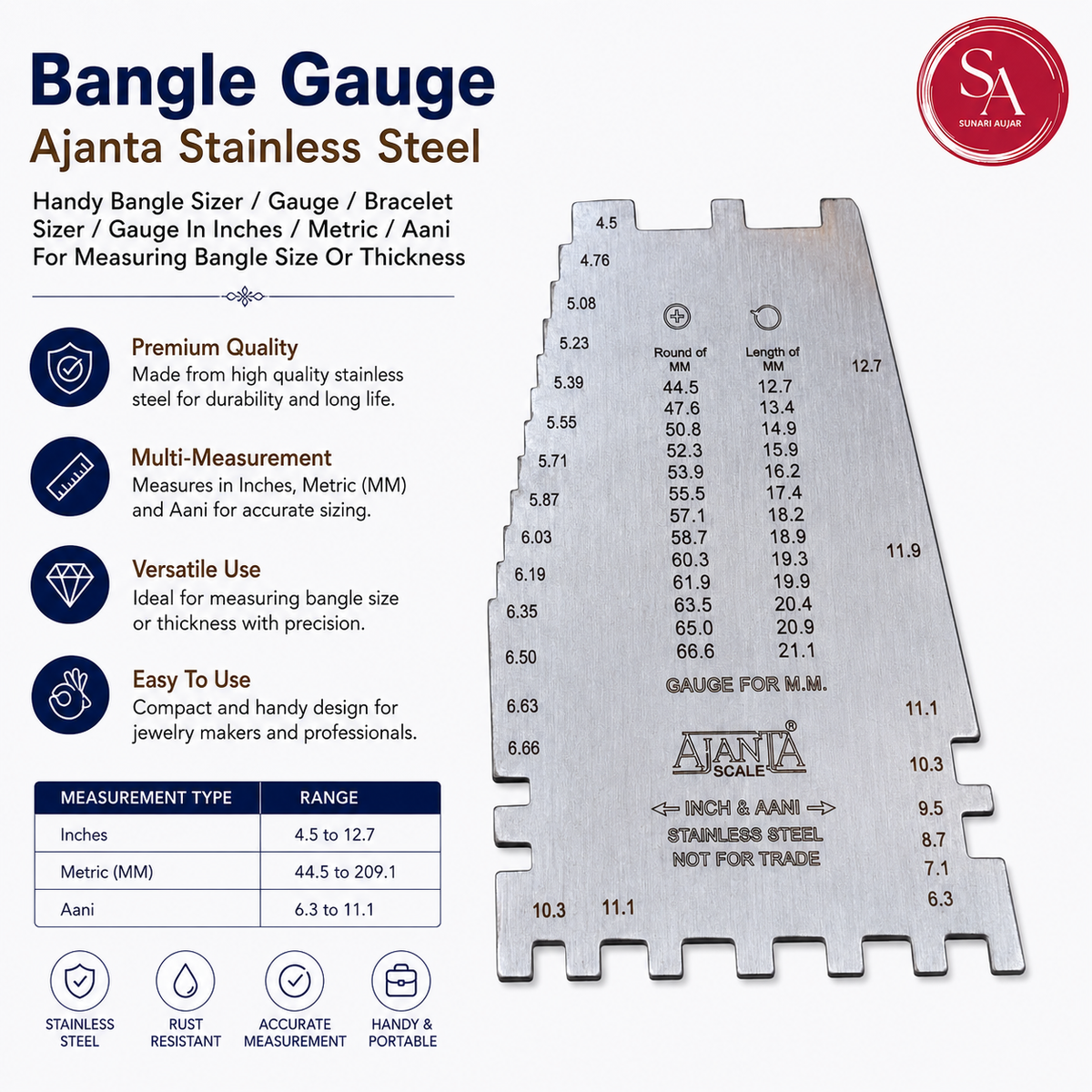 Bangle Gauge Ajanta Stainless Steel Handy Bangle Sizer/Gauge/Bracelet Sizer/Gauge In Inches/Metric/Aani For Measuring Bangle Size Or Thickness