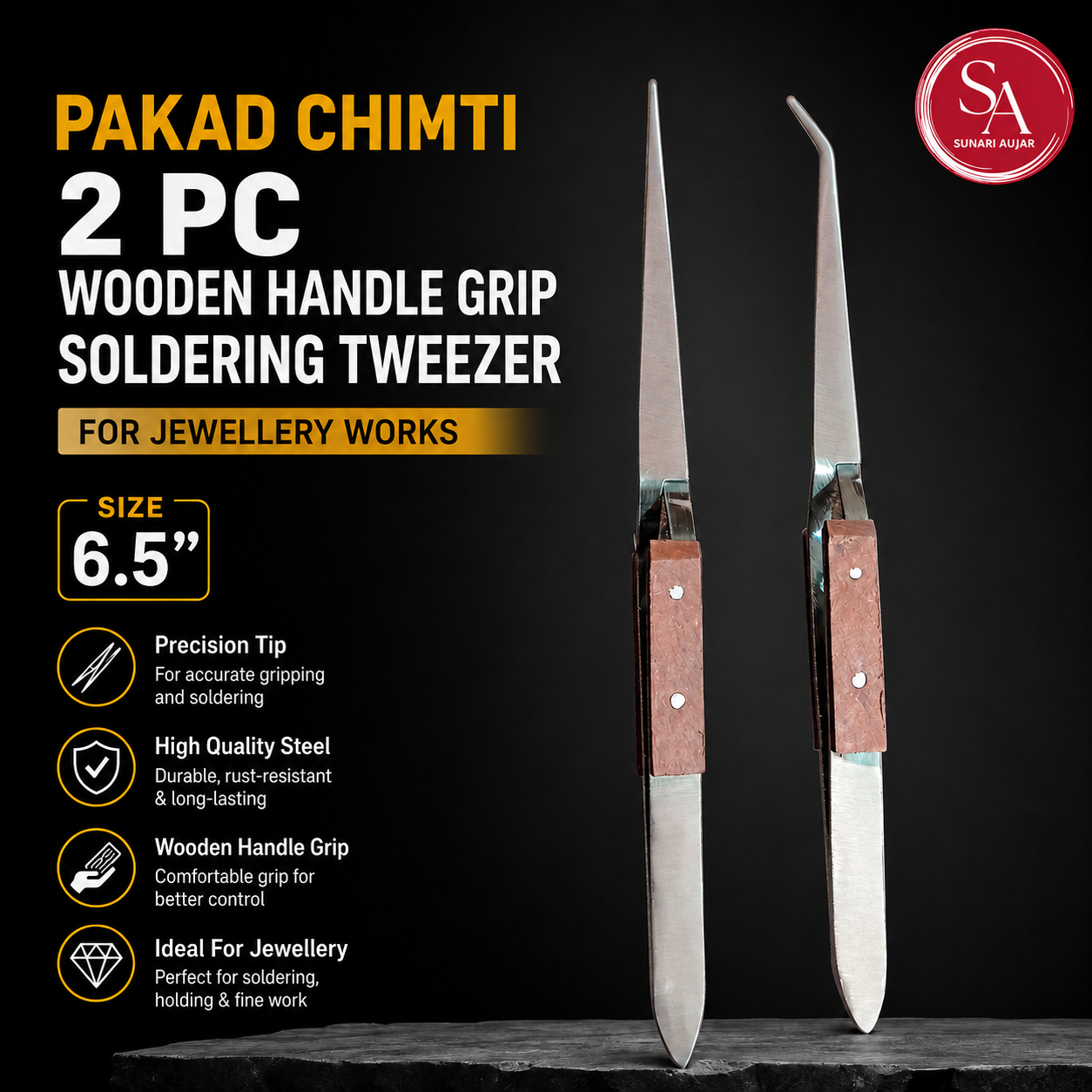 Pakad Chimti 2 Pc Wooden Handle Grip Soldering Tweezer For Jewellery Works (Size-6.5")