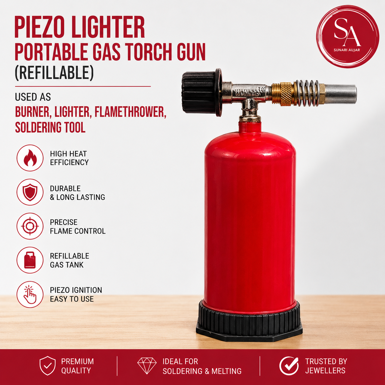 Piezo Lighter Portable Gas Torch Gun (Refillable), Used AS, Burner, Lighter, Flamethrower, Soldering Tool (Red)