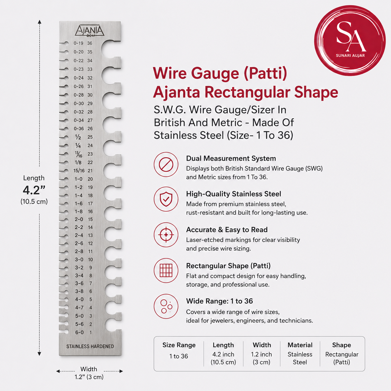Wire Gauge (Patti) Ajanta Rectangular Shape S.W.G. Wire Gauge/Sizer In British And Metric - Made Of Stainless Steel (Size- 1 To 36)