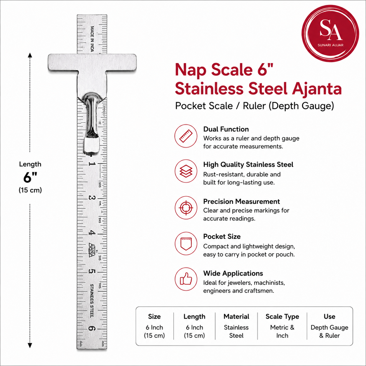 Nap Scale 6" Stainless Steel Ajanta Pocket Scale/Ruler (Depth Gauge)
