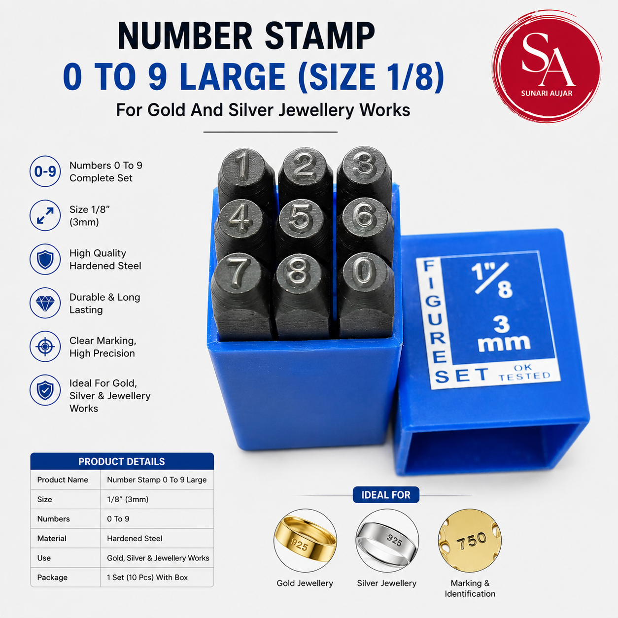 Number Stamp 0 To 9 Large (Size 1/8) For Gold And Silver Jewellery Works