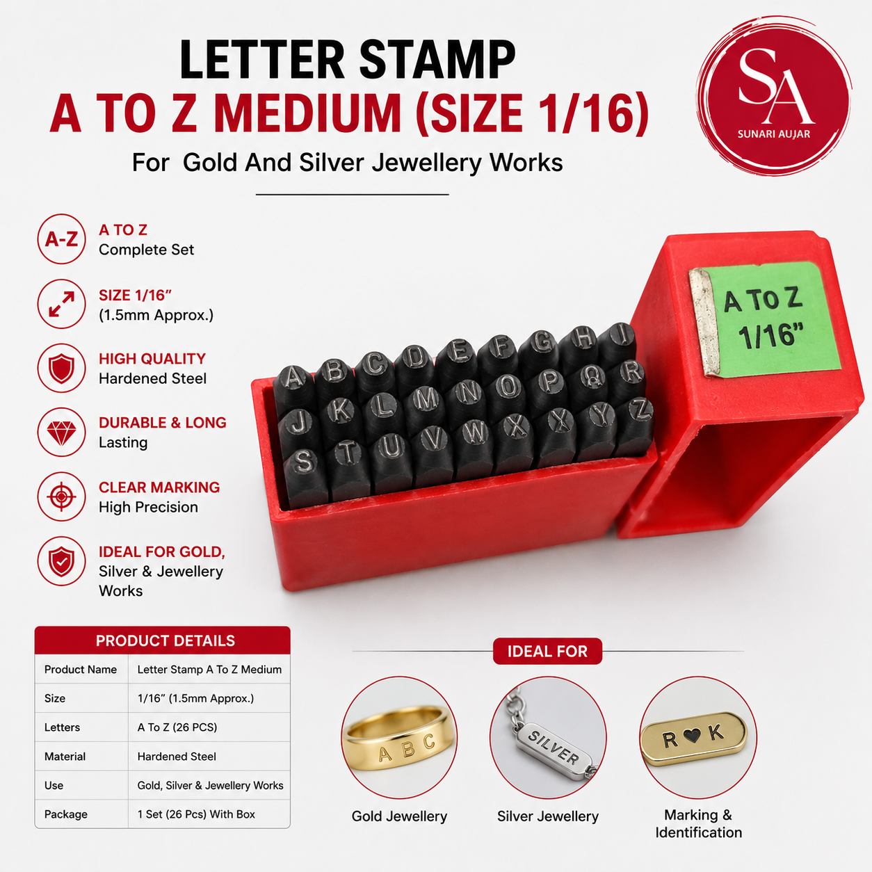 Letter Stamp A To Z Medium (Size 1/16) For Gold And Silver Jewellery Works