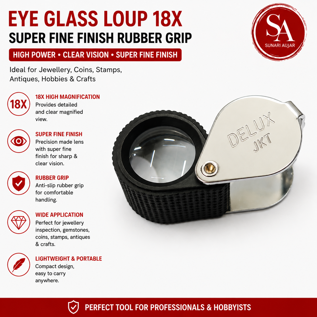 Eye Glass Loup 18X Super Fine Finish Rubber Grip