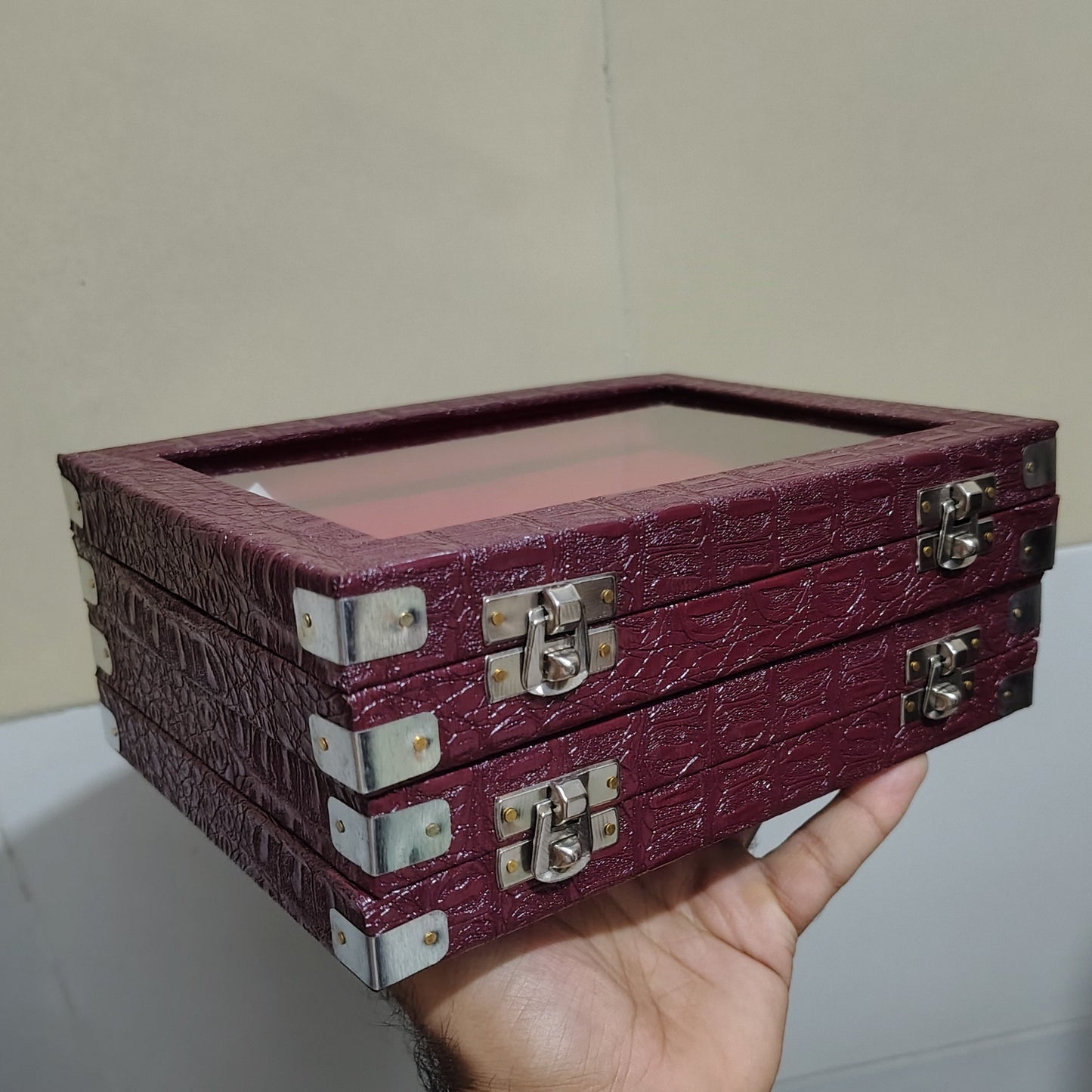 Ring display box pack of 2pc rexin 8*6 red velvet transparent glass