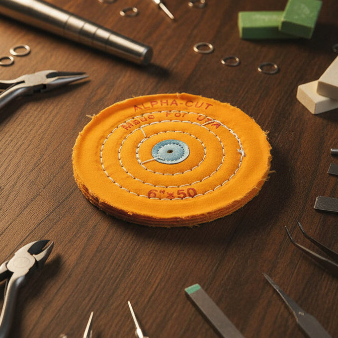 USA cloth Buffing wheel 6x50 yellow stitched polishing wheel ideal for polishing gold, silver, brass, and precious metals.