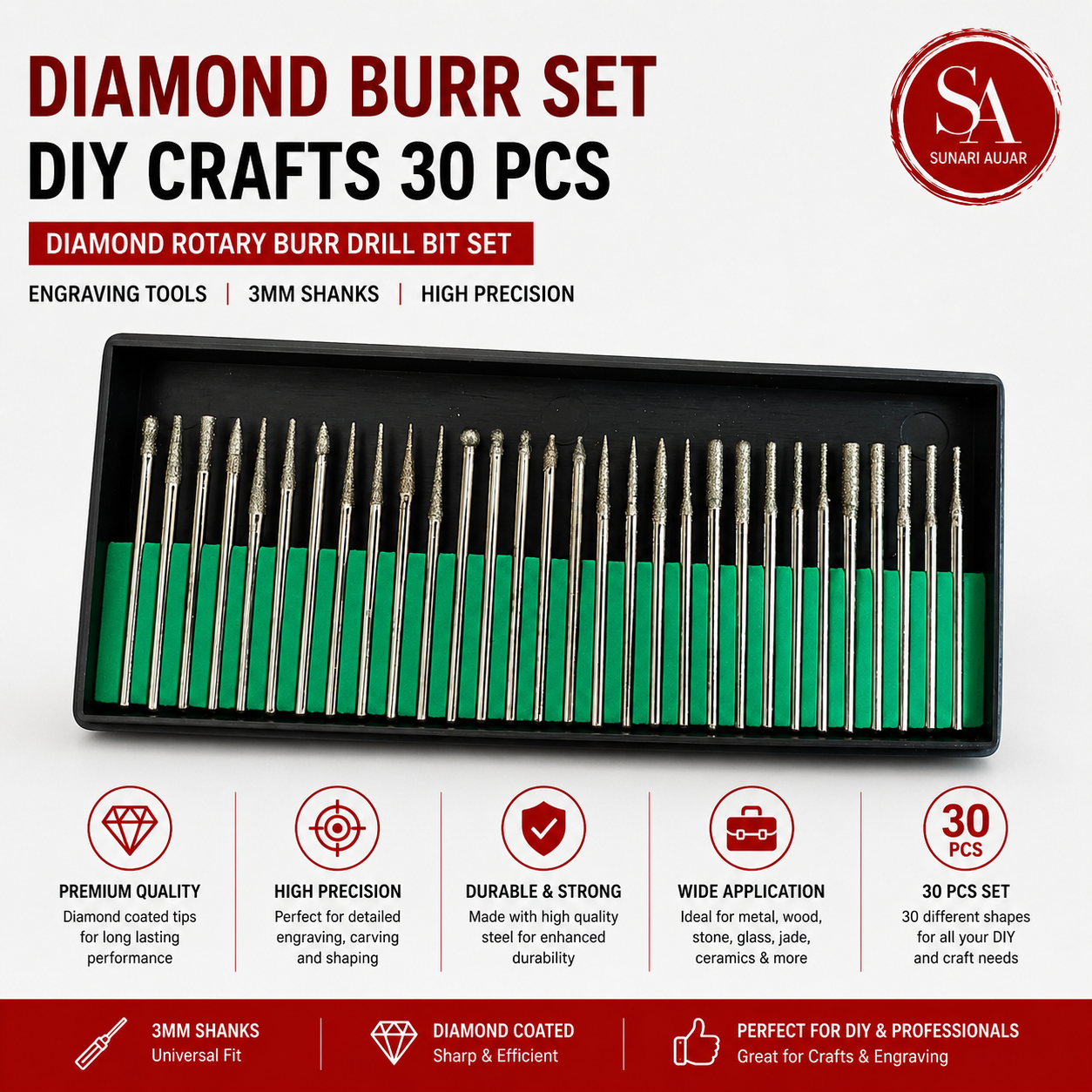 Diamond Burr set DIY Crafts 30 Pcs Diamond Rotary Burr Drill Bit Set Engraving Tools 3mm Shanks Drill Bit Sets