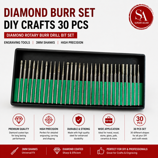 Diamond Burr set DIY Crafts 30 Pcs Diamond Rotary Burr Drill Bit Set Engraving Tools 3mm Shanks Drill Bit Sets