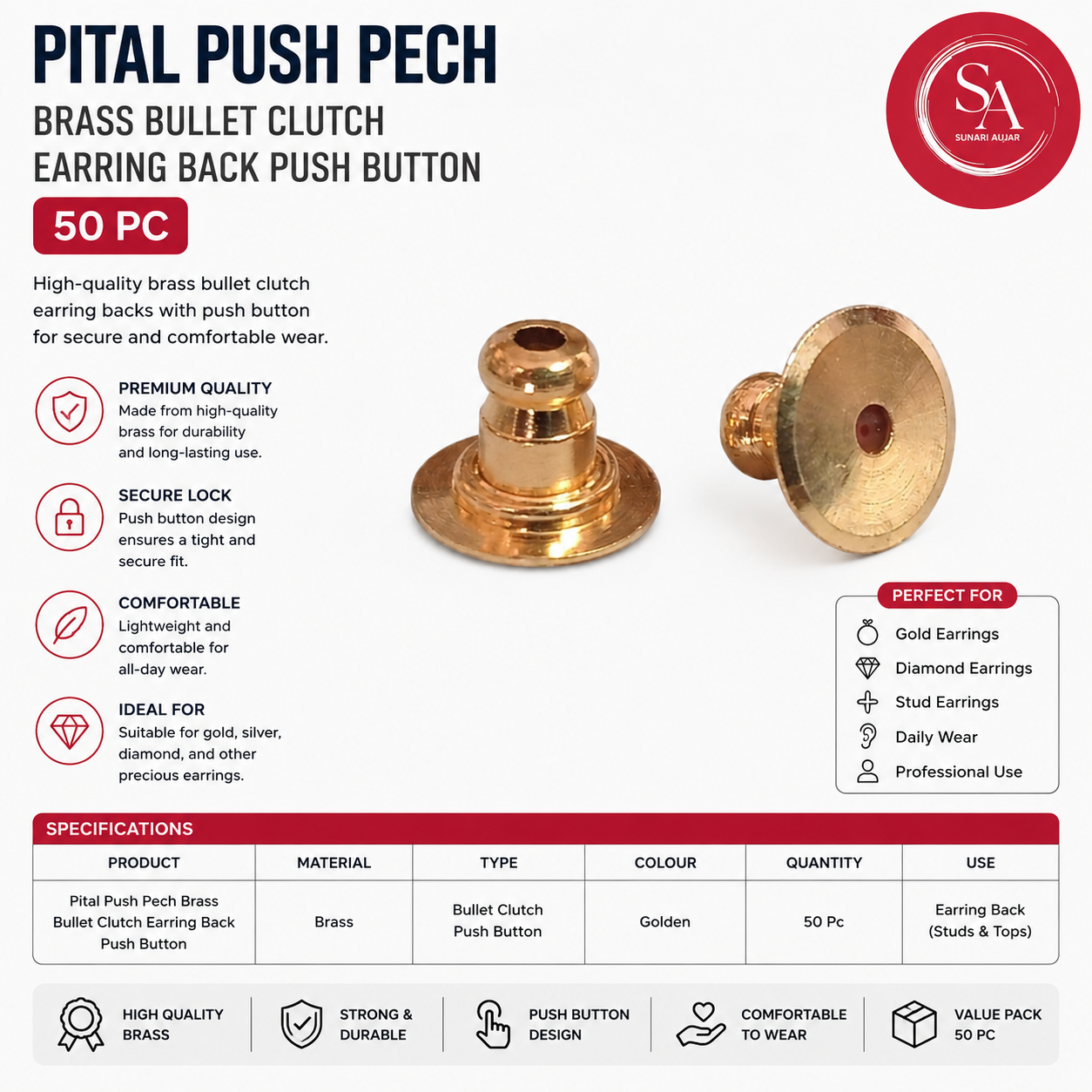 Pital push pech Brass bullet clutch earring back push button 50pc