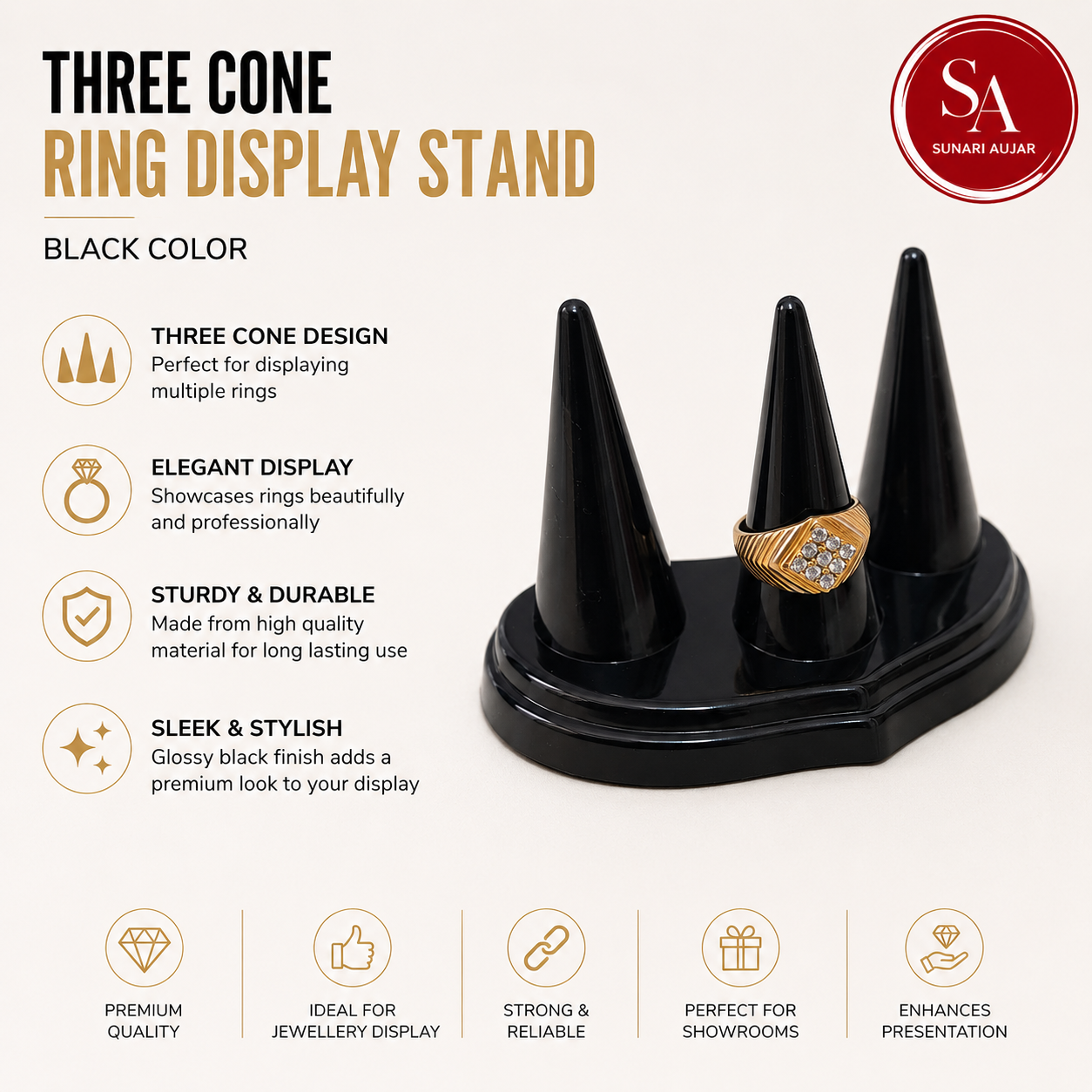Three cone ring display stand black color