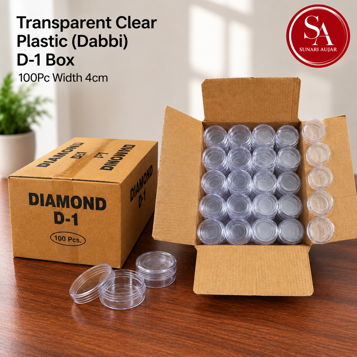 Transparent clear plastic (dabbi) D-1 box 100pc width 4cm