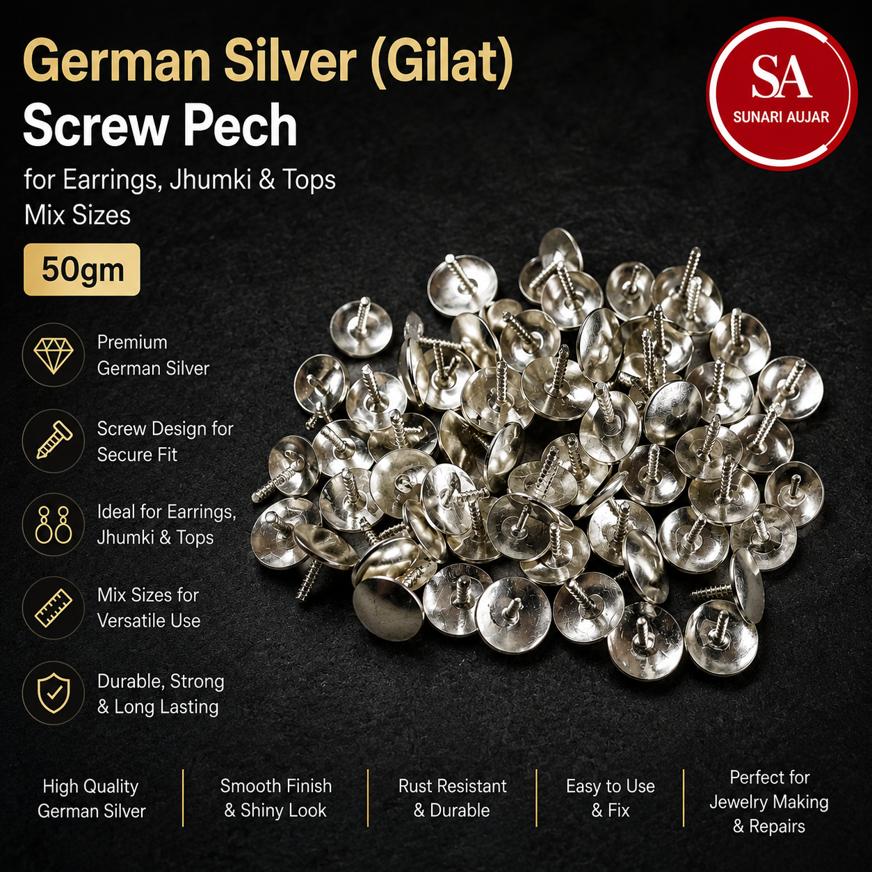 German Silver (Gilat) screw pech for earrings, jhumki and tops mix sizes 50gm