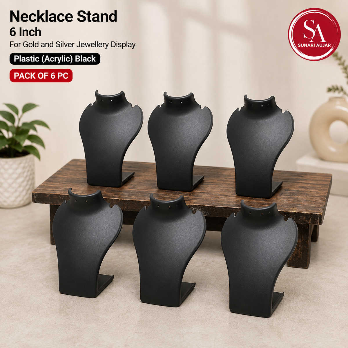 Necklace Stand 6inch for gold and silver jewellery display Plastic(Acrylic) Black pack of 6pc