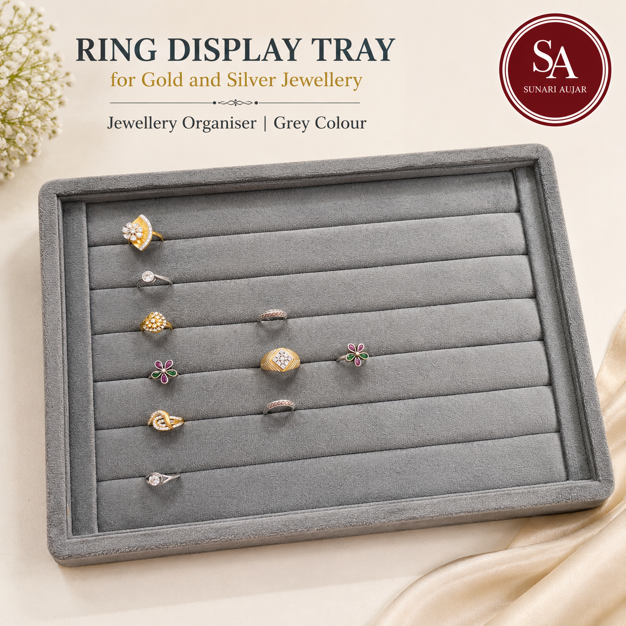 Ring Display Tray for gold and silver Jewellery, Jewellery organiser, Grey Colour