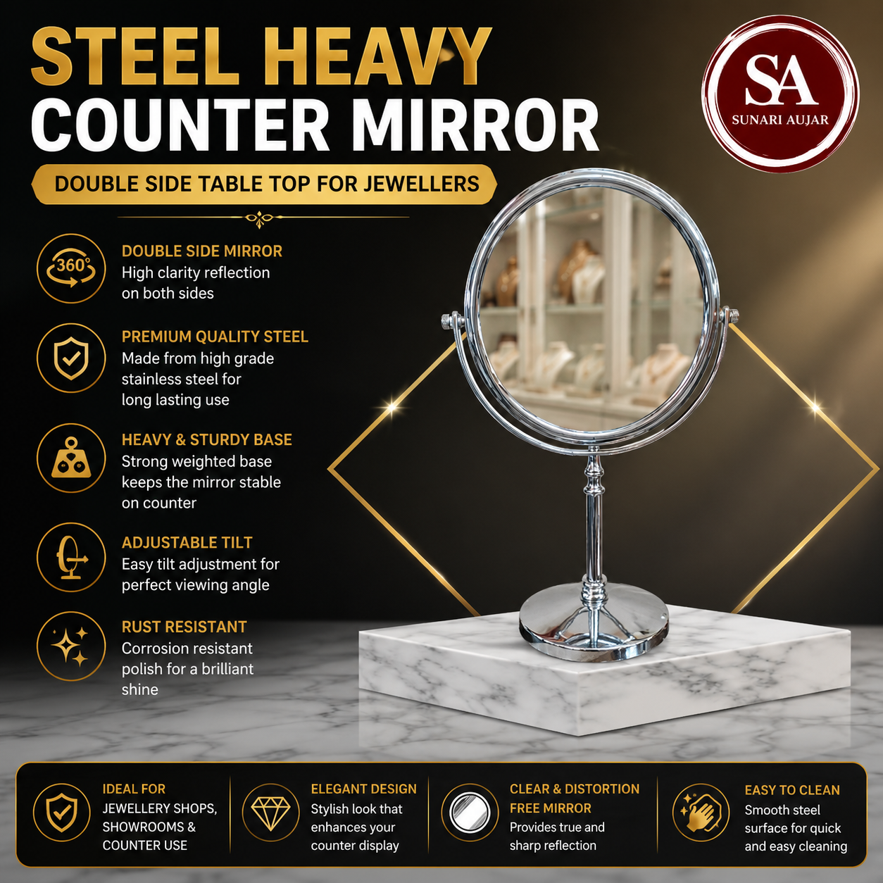 Steel Heavy Counter mirror Double side table top for jewellers