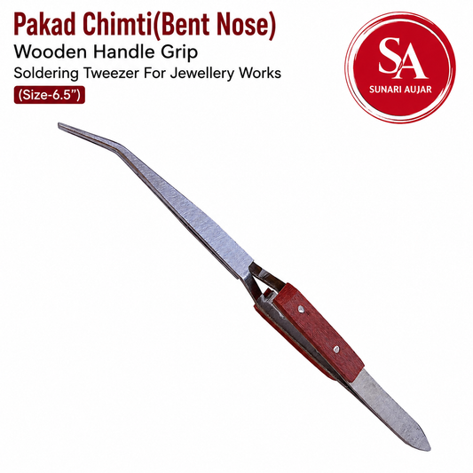Pakad Chimti(Bent Nose) Wooden Handle Grip Soldering Tweezer For Jewellery Works (Size-6.5")