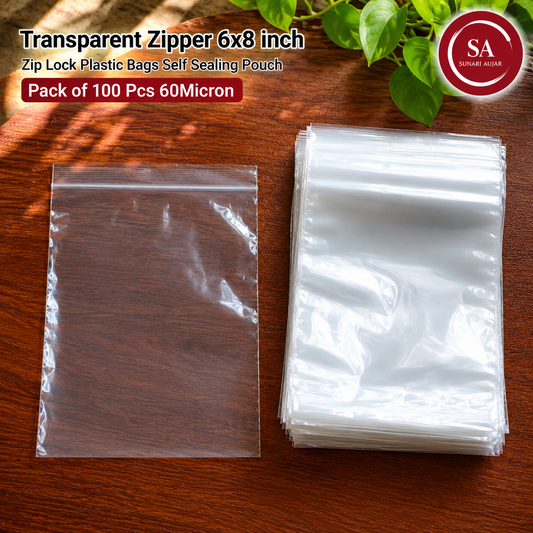 Transparent Zipper 6x8 inch Zip Lock Plastic Bags Self Sealing Pouch Pack of 100 Pcs 60Micron