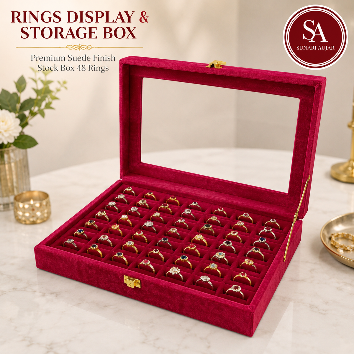 Rings display and storage box premium sued finish stock box 48 rings