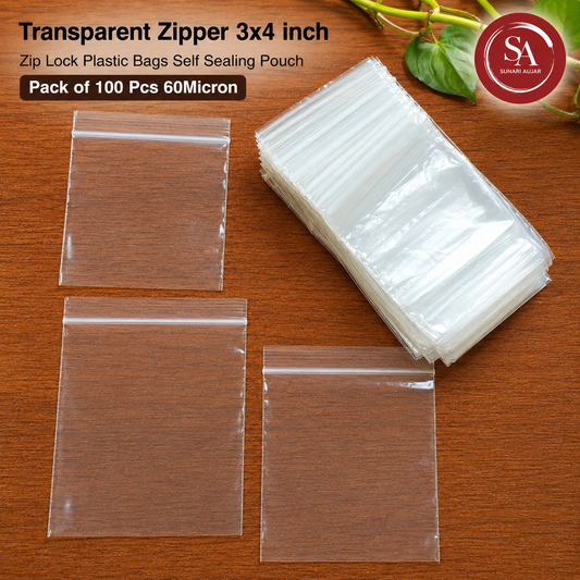 Transparent Zipper 3x4 inch Zip Lock Plastic Bags Self Sealing Pouch Pack of 100 Pcs 60Micron
