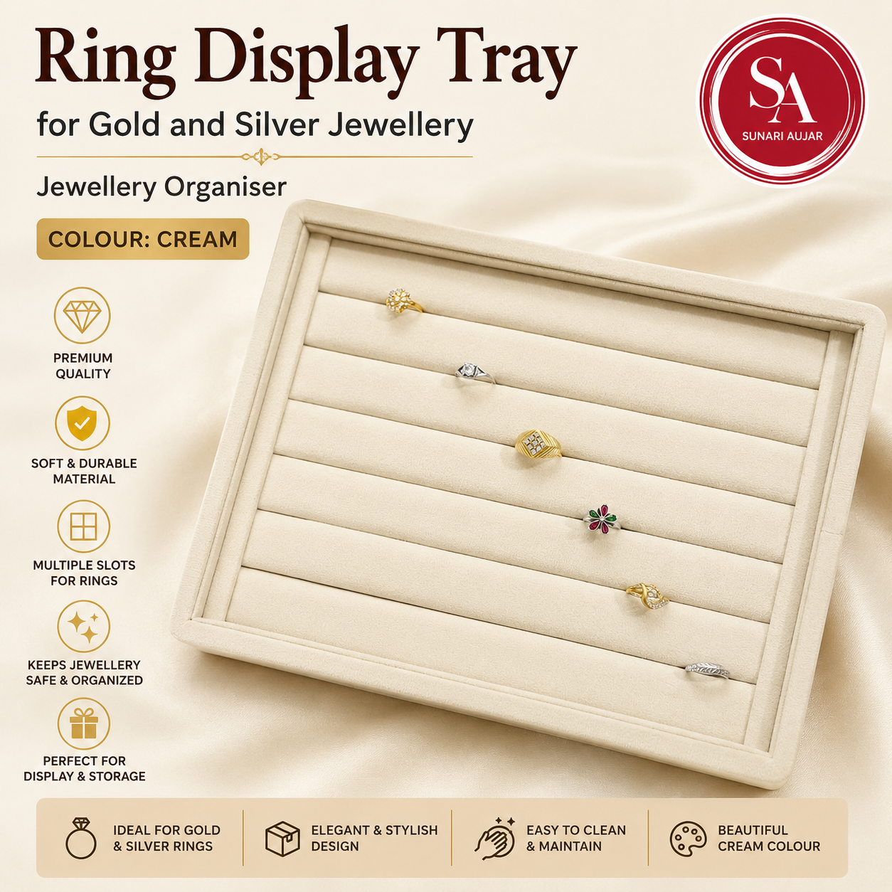 Ring Display Tray for gold and silver Jewellery, Jewellery organiser, Colour Cream