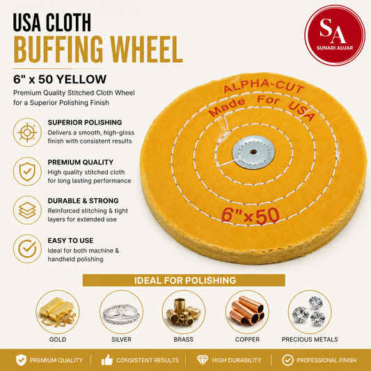 USA cloth Buffing wheel 6x50 yellow stitched polishing wheel ideal for polishing gold, silver, brass, and precious metals.