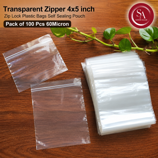 Transparent Zipper 4x5 inch Zip Lock Plastic Bags Self Sealing Pouch Pack of 100 Pcs 60Micron