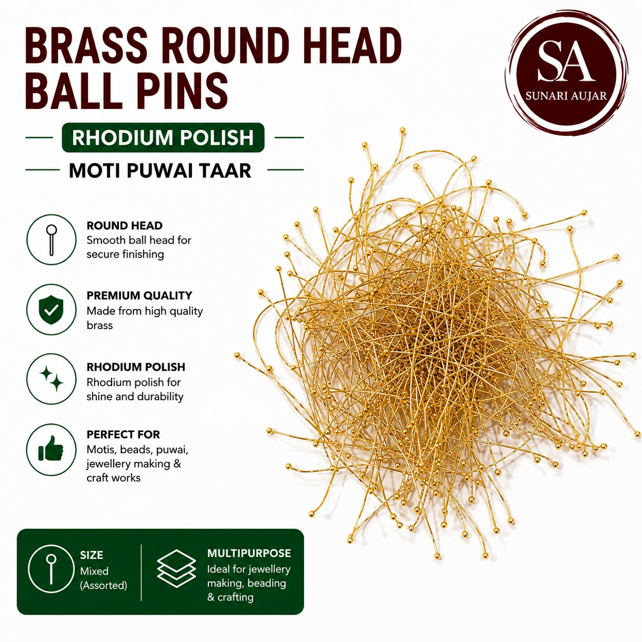 Brass Round Head Ball Pins Rhodium Polish Moti Puwai Taar