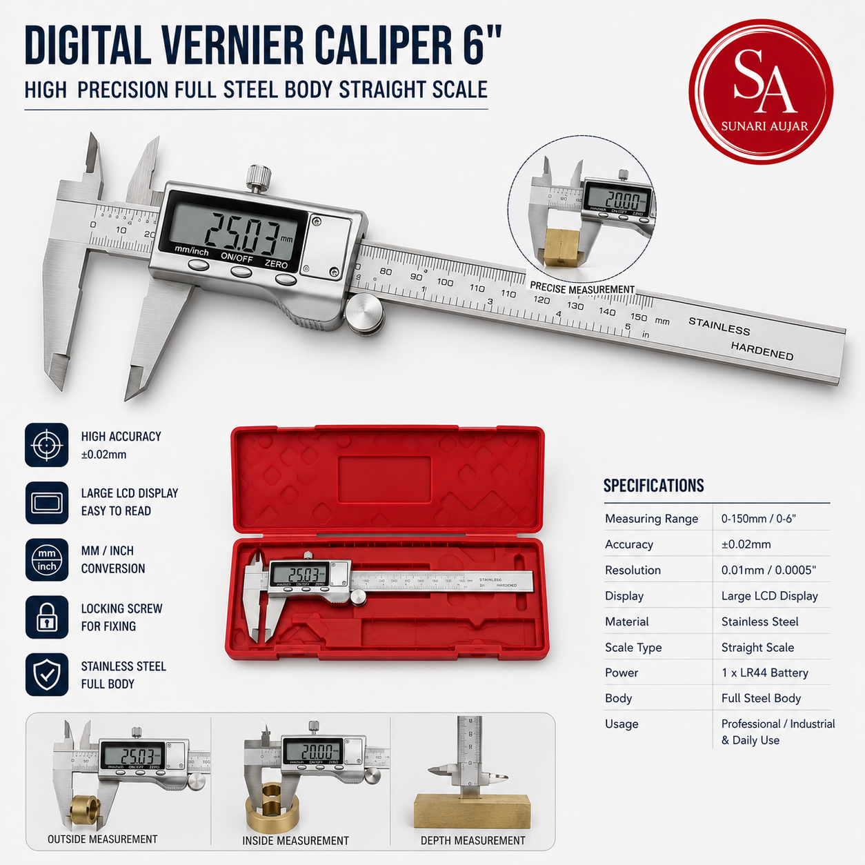 Digital Vernier Caliper 6" High precision Full Steel Body scale