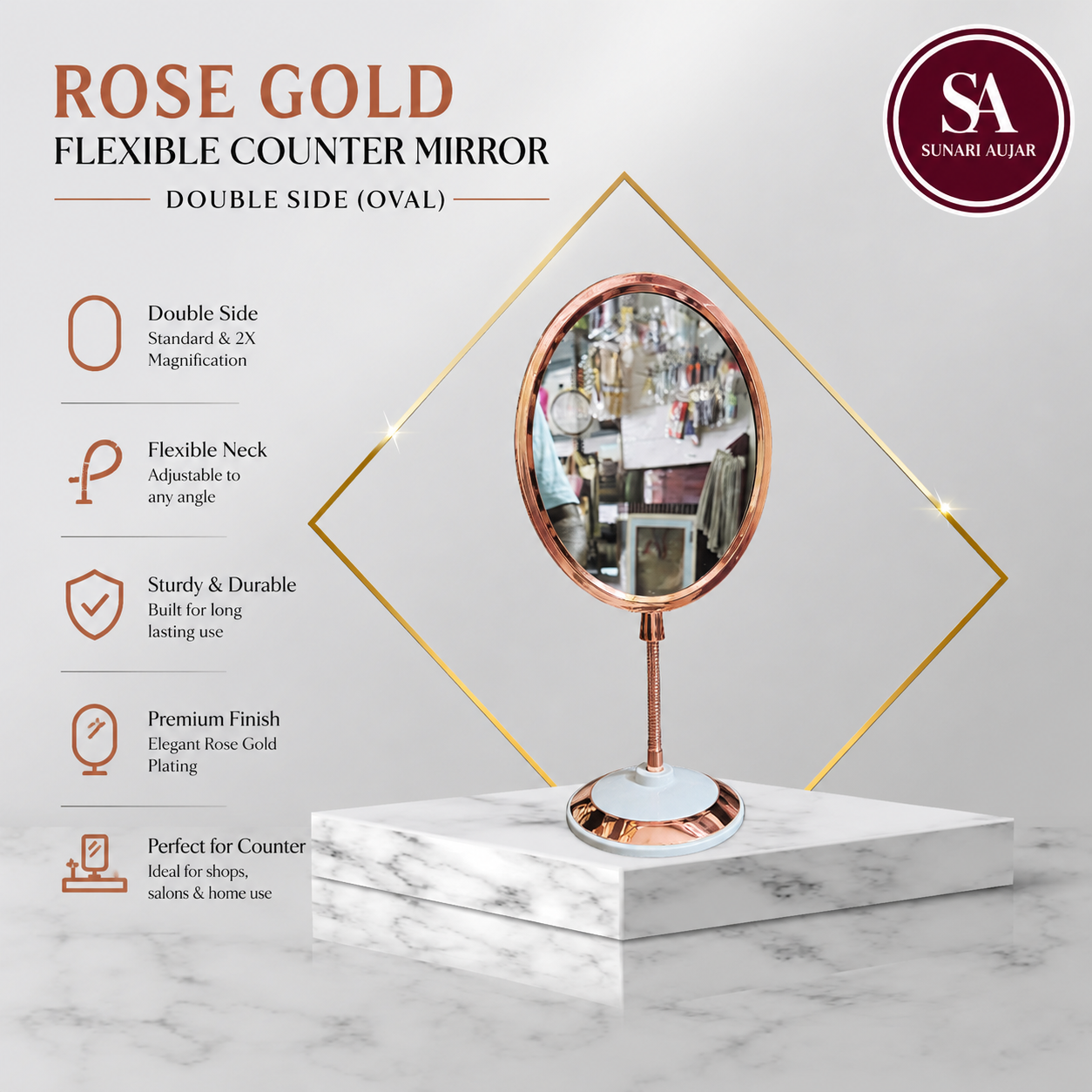 Rose Gold Flexible Counter Mirror Double Side (Oval)