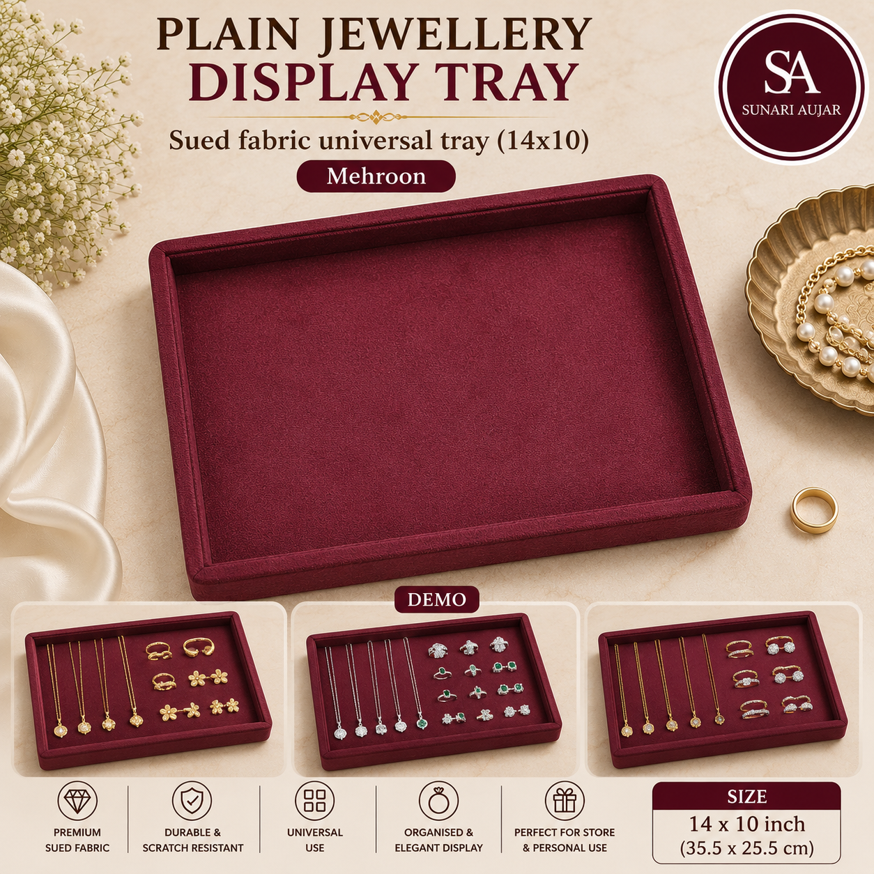 Plain Jewellery Display tray sued fabric universal tray (14x10) Mehroon