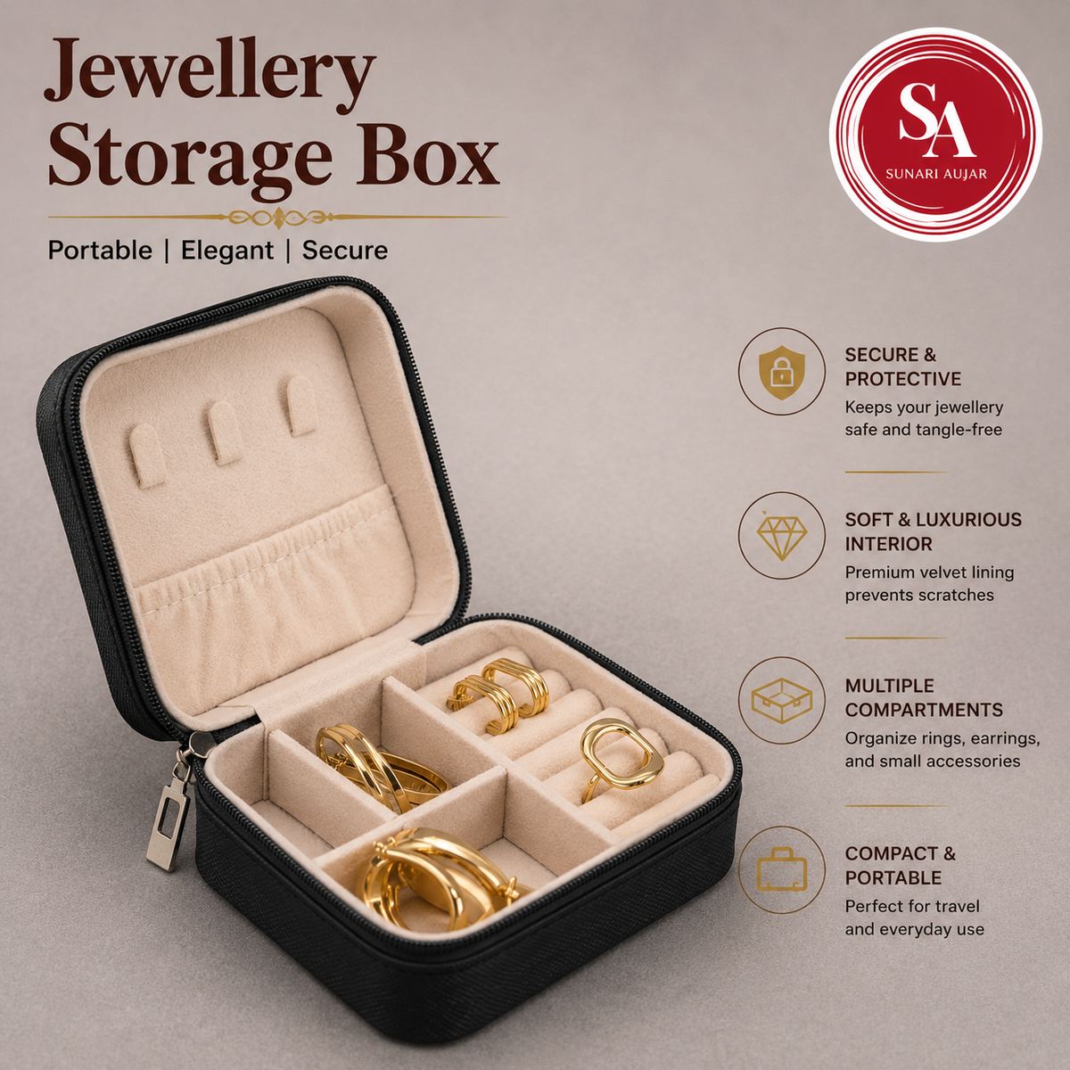 Jewellery organiser box for travel or storage holder for womens rings, earrings Chains and necklace