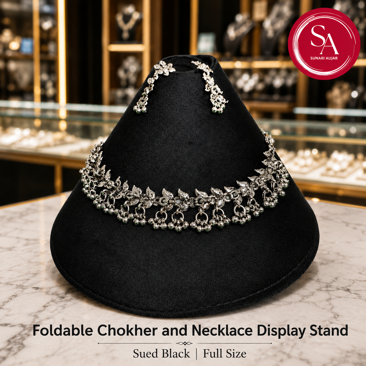 Foldable Chokher and Necklace display stand Sued Black full size