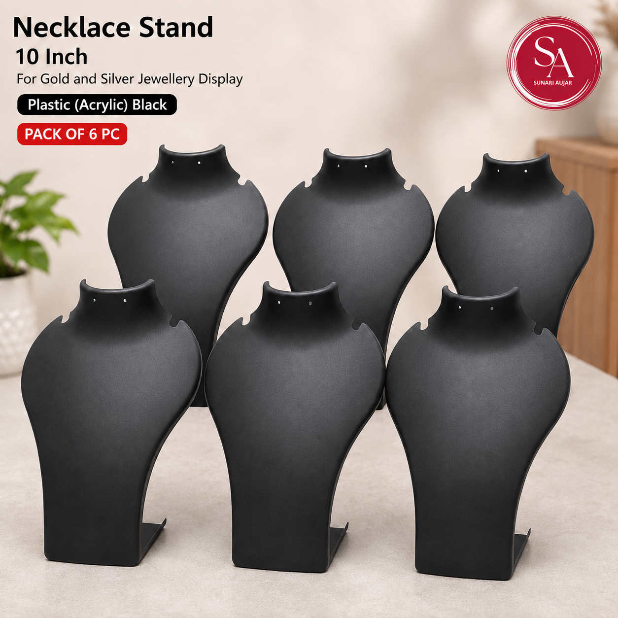 Necklace Stand 10 inch for gold and silver jewellery display Plastic(Acrylic) Black pack of 6pc