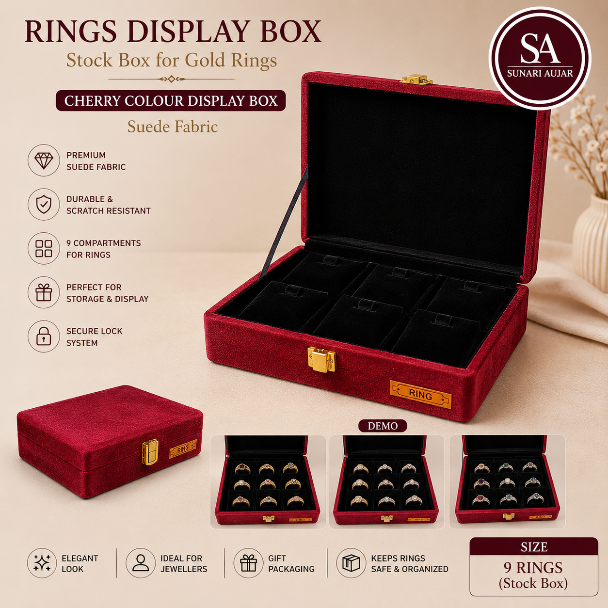 Rings display Box Stock Box for gold Rings Cherry colour display box sued fabric