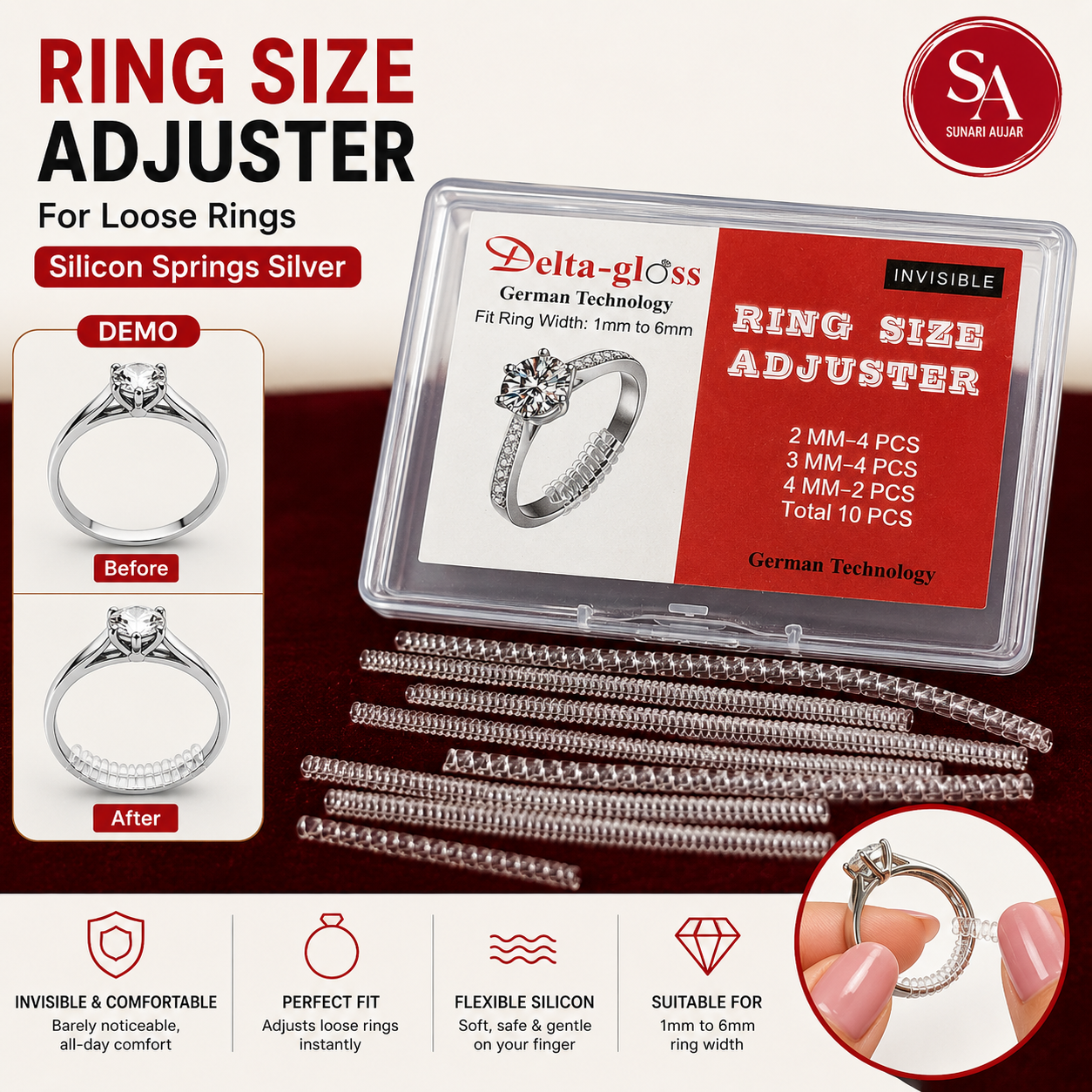 Ring Size Adjuster for loose Rings Silicon Springs Silver