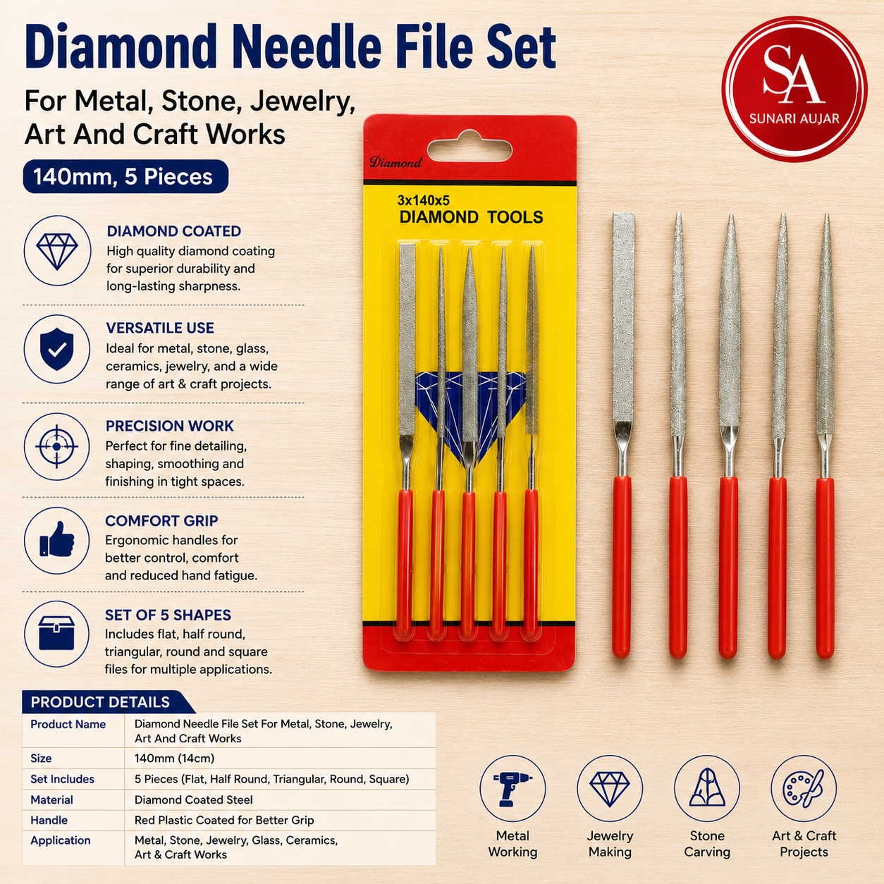 Diamond Needle File Set For Metal, Stone, Jewelry, Art And Craft Works (140mm, 5 Pieces)