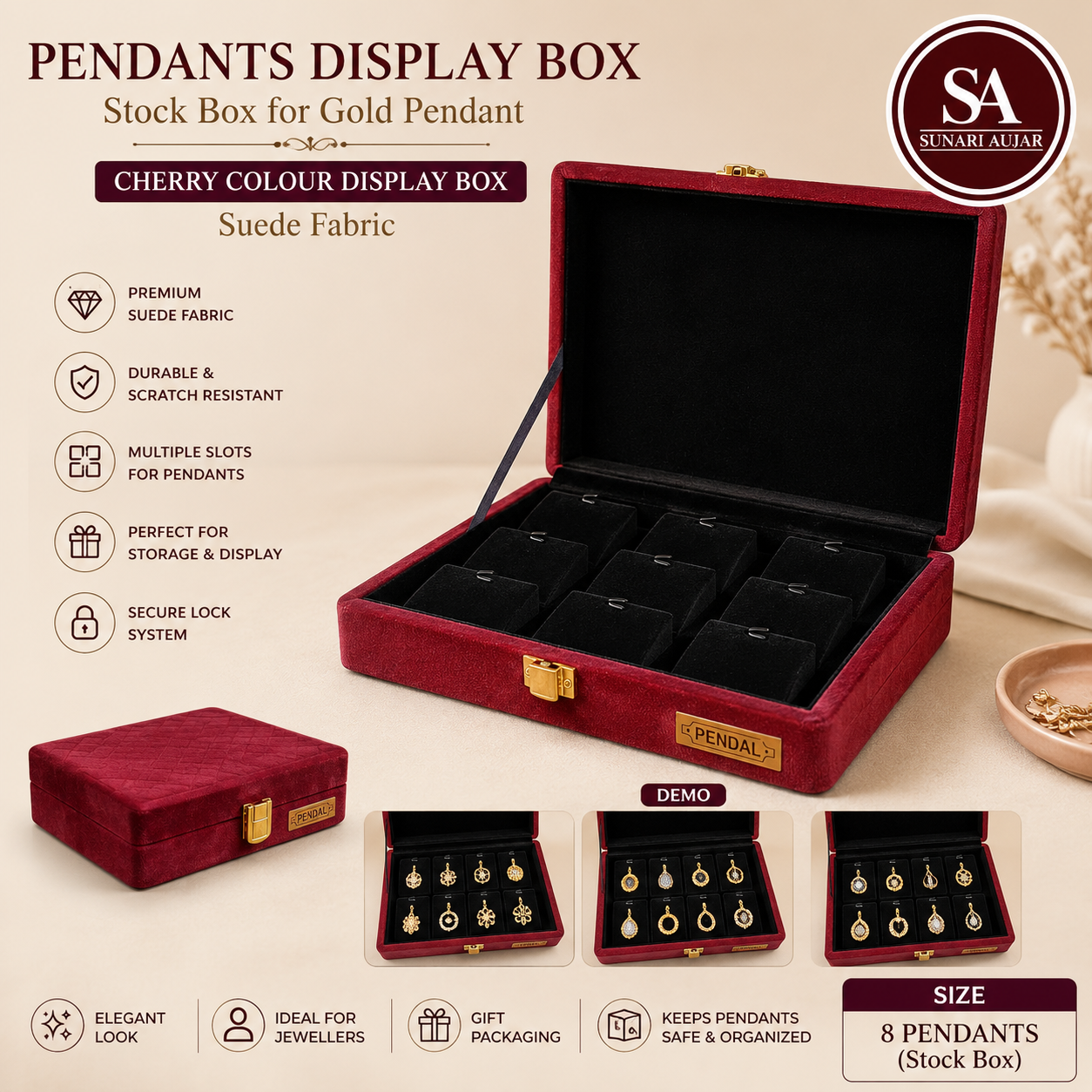 Pendants display Box Stock Box for gold Pendant Cherry colour display box sued fabric
